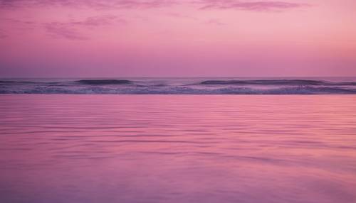 Un sereno paisaje marino con tonos rosa pastel y violeta que se reflejan en el agua al atardecer.