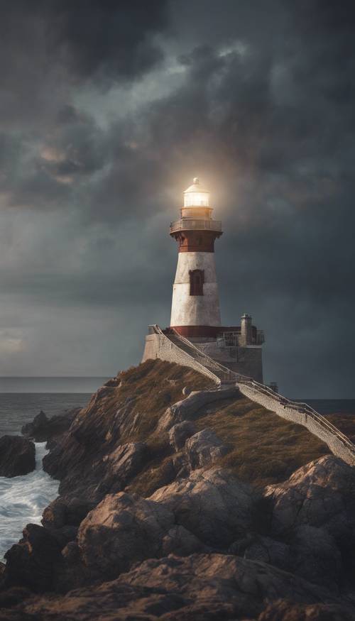 An old, lighthouse on a cliff, illuminated by white lightning. Tapet [4356ab018acd43a59bac]