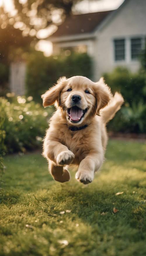 ลูกสุนัขโกลเด้นรีทรีฟเวอร์ขี้เล่นกำลังกระโดดอย่างมีความสุขผ่านสวนหลังบ้านที่มีภูมิทัศน์สวยงาม