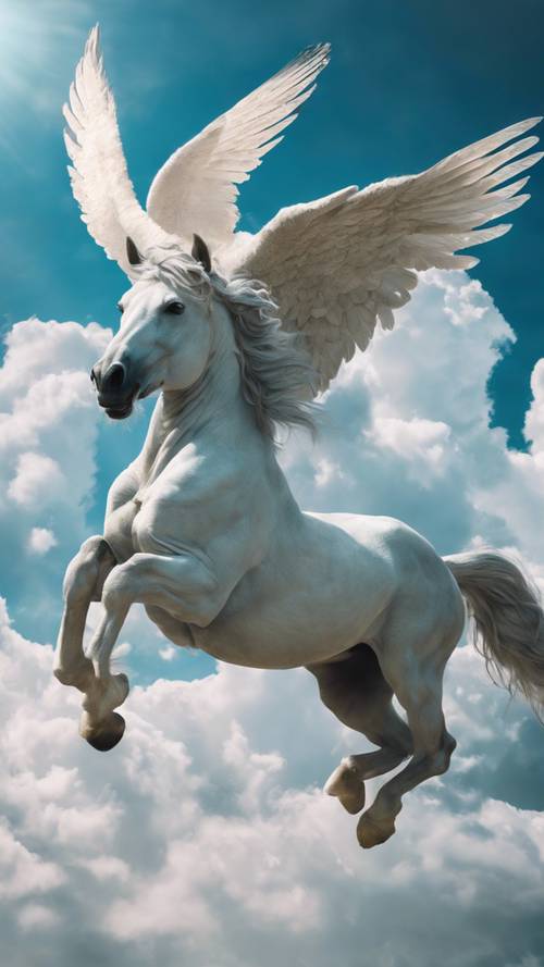 Una scena mitica di Pegaso e un lupo celeste che corrono tra le nuvole sotto un cielo azzurro, esprimendo una libertà selvaggia.
