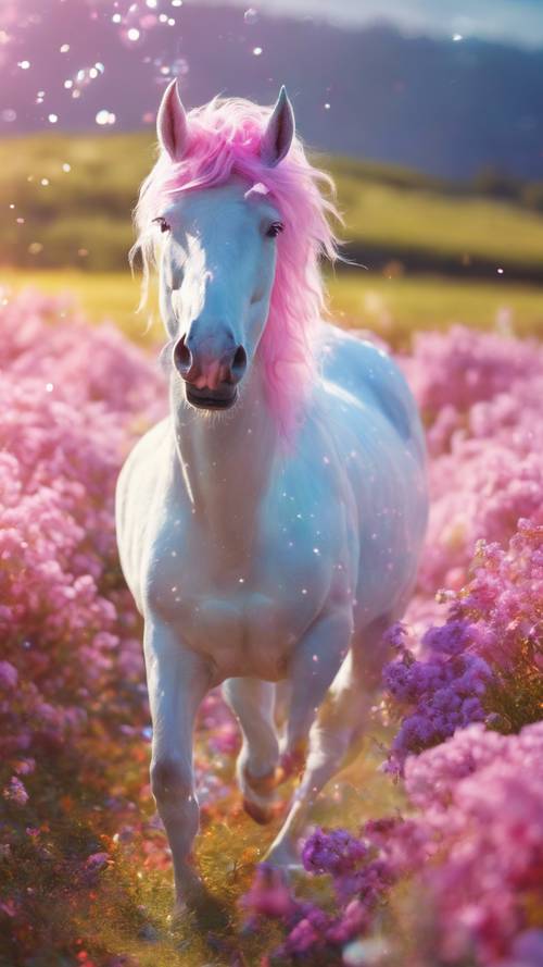 Gökkuşağı renginde yeleli, ışıltılı çiçek tarlasında yürüyen Kawaii tarzı tek boynuzlu at.