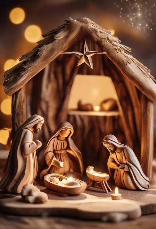 An olive wood nativity set depicting the birth of Jesus, with angels and a shining star. Taustakuva [7618ce4d5cfe4261b3c5]