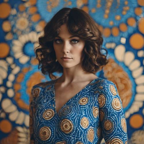 A woman dressed in a 1970s-inspired funky blue dress with circular patterns.