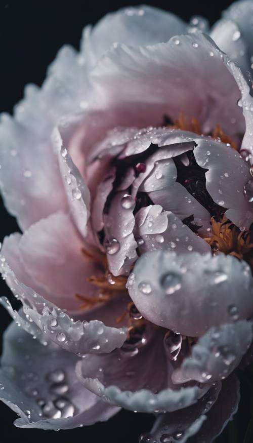 一朵黑牡丹，嬌嫩的花瓣上沾著雨滴。
