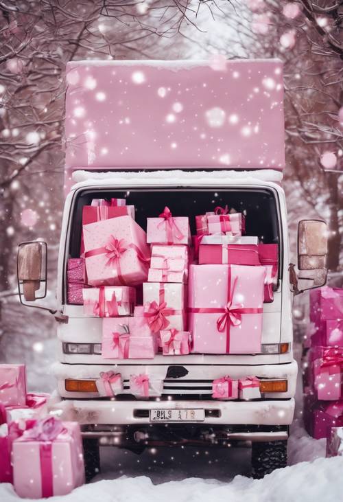 Un camion nella neve carico di regali di Natale confezionati in rosa.