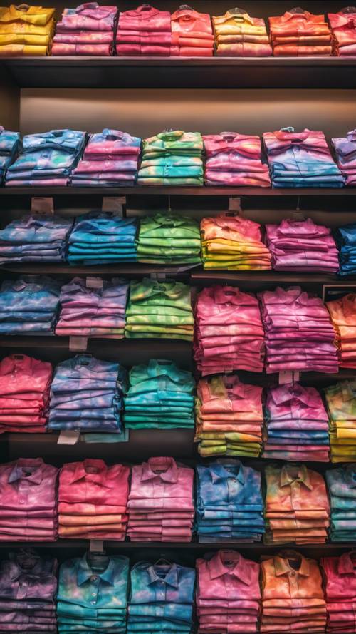 Неоновые футболки с тай-дай, аккуратно сложенные, на витрине модного розничного магазина.