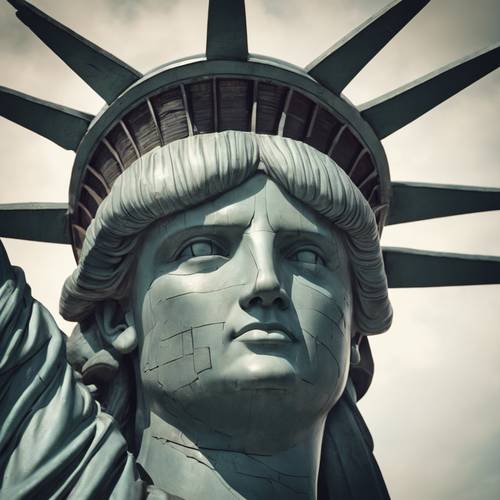 Close-up of the Statue of Liberty's face, highlighting the detail and texture of the metal.
