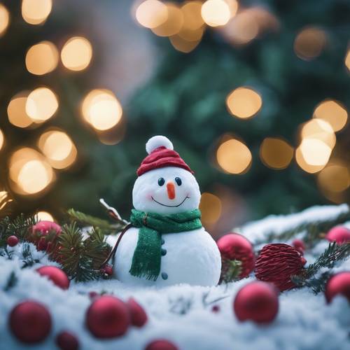 Bukit hijau bersalju di waktu Natal, dihiasi lampu warna-warni dan manusia salju.