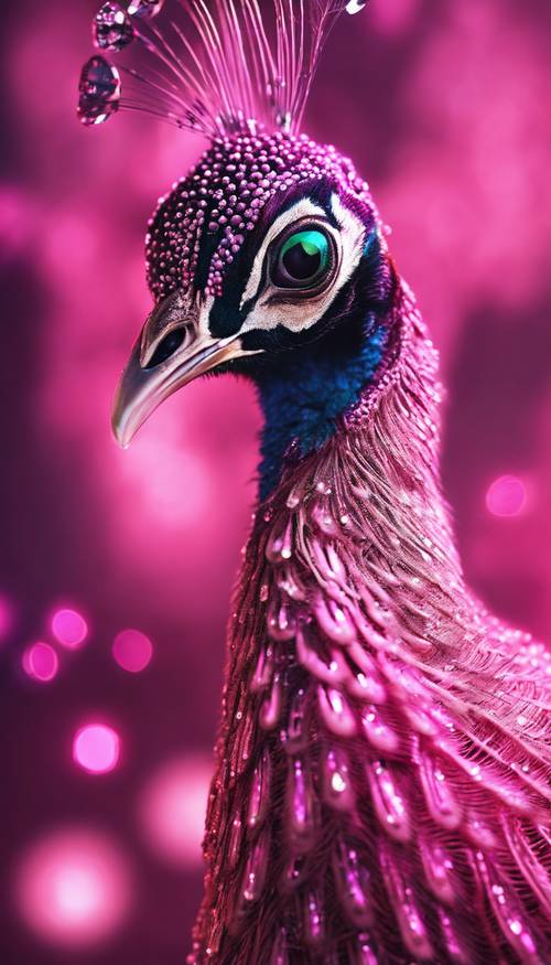 A pink peacock with diamond eyes glowing in the dark.