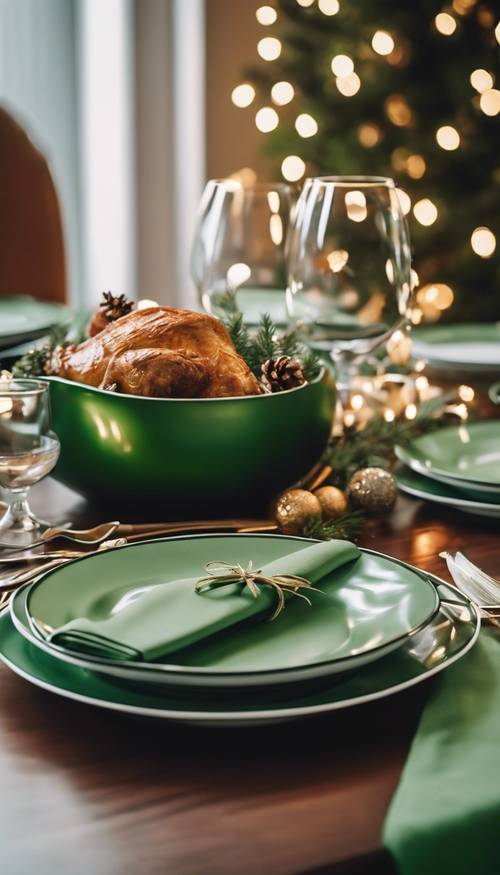 Una mesa preparada para la cena de Navidad, con mantel verde y servilletas a juego.