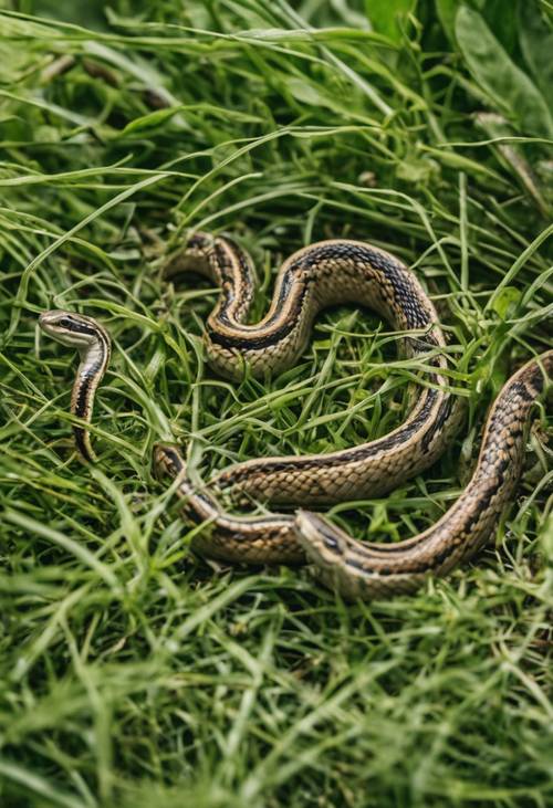A group of tiny hatching garter snakes in a dense green grass.