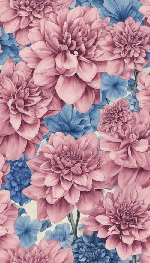 Vintage ilustracja botaniczna przedstawiająca różowe dalie i niebieskie pelargonie.