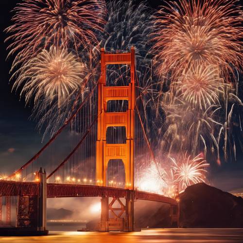 The Golden Gate Bridge in the midst of a grand fireworks display.