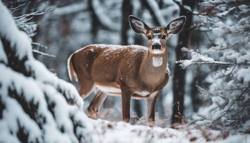 Un cervo curioso che sbircia attraverso il fogliame innevato in una serena foresta invernale.