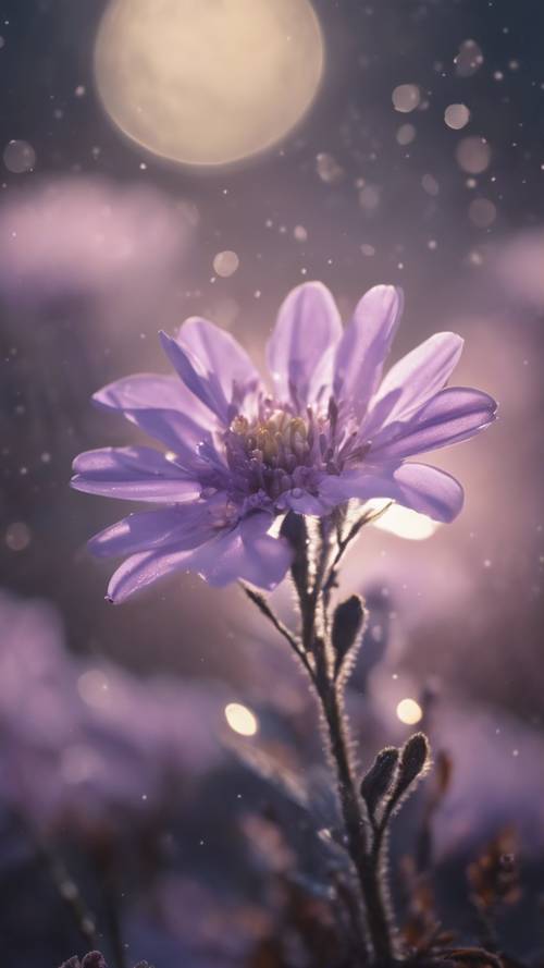 Une fleur violet clair s’épanouit sous la douce lueur du clair de lune.