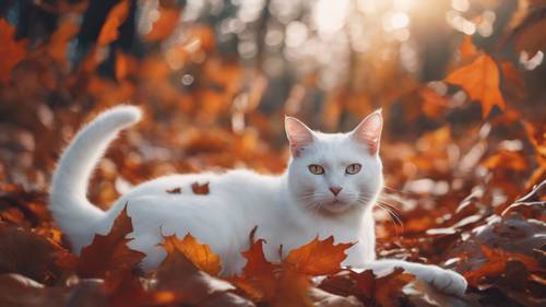 Eine mystische Interpretation einer weißen Katze mit leuchtenden, flammenähnlichen orangefarbenen Augen, die unter einem mondbeschienenen Himmel aus wirbelnden Herbstblättern auftaucht.