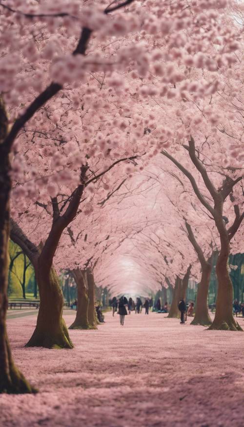 A panoramic view of a city park filled with cherry blossom trees and picnickers reveling in the spring season.