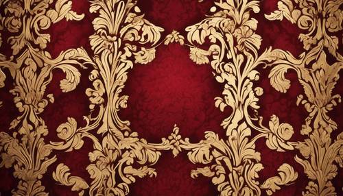 A luxurious red velvet motif patterned on a golden damask wallpaper.