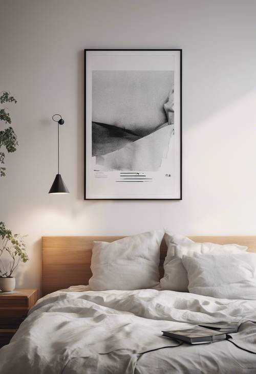 A modern bedroom in minimalist Scandinavian design, an unmade bed with white linen, a wood-slatted headboard, a book on the bedside table, and a large poster of abstract art on the wall.