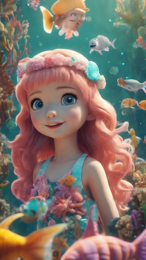 A kawaii-inspired underwater adventure scene with happy little mermaids and a variety of colorful aquatic creatures.