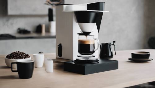 Pengaturan kopi minimalis dengan estetika Skandinavia, menampilkan cangkir kopi putih bersih dan alat pembuat kopi tuang hitam matte.