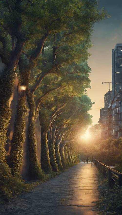一幅城市墙壁画展示了黄昏时分奇幻的森林景观。