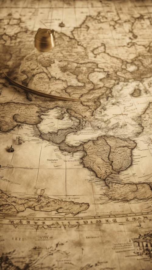 Um antigo mapa em tons sépia da década de 1880, representando o mundo como era conhecido na época.