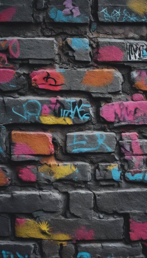 Un mur de briques gris foncé recouvert de graffitis aux couleurs vives.
