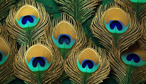 Uno sgargiante motivo Art Déco a forma di ventaglio che ricorda le piume di pavone, reso in un ricco verde smeraldo e oro.