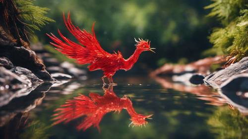 Sebuah pantulan rumit dari burung phoenix merah cerah di permukaan aliran sungai pegunungan yang jernih.