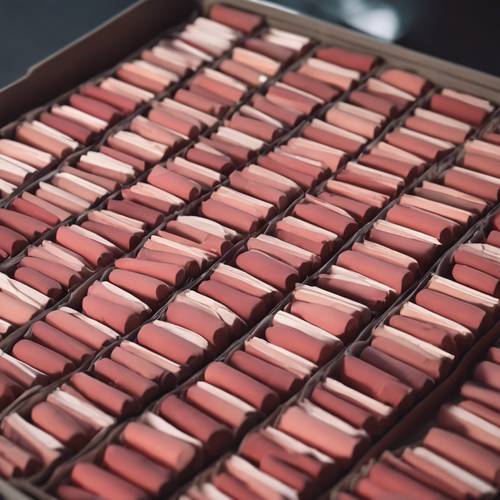 A box of various light red pastel chalks lined up neatly.
