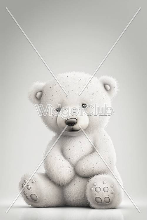 Cute White Teddy Bear Sitting on Plain Background