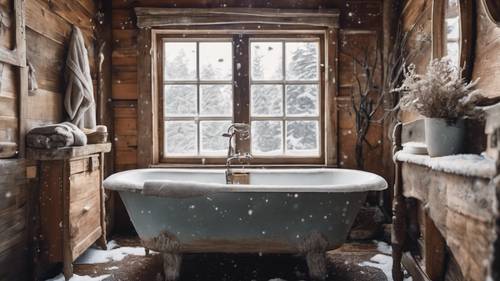 A rustic country bathroom with a clawfoot tub, natural wood vanity, and a frosted window revealing snowflakes falling outside.