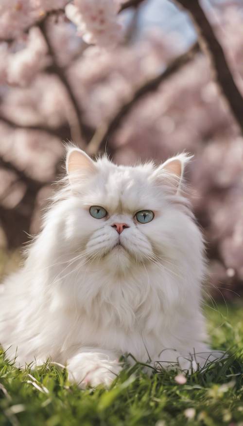 Um velho gato persa branco deitado na grama sob uma cerejeira em plena floração durante a primavera.