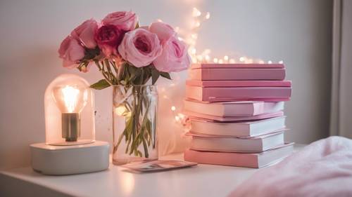 白色的床頭櫃上放著一疊年輕成人的浪漫小說，上面放著一盞粉紅色的花燈。 牆紙 [692f4632ec504af18bc3]