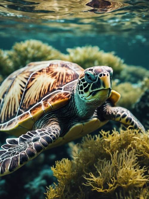 Uma tartaruga marinha escondida entre algas, espiando com curiosidade.