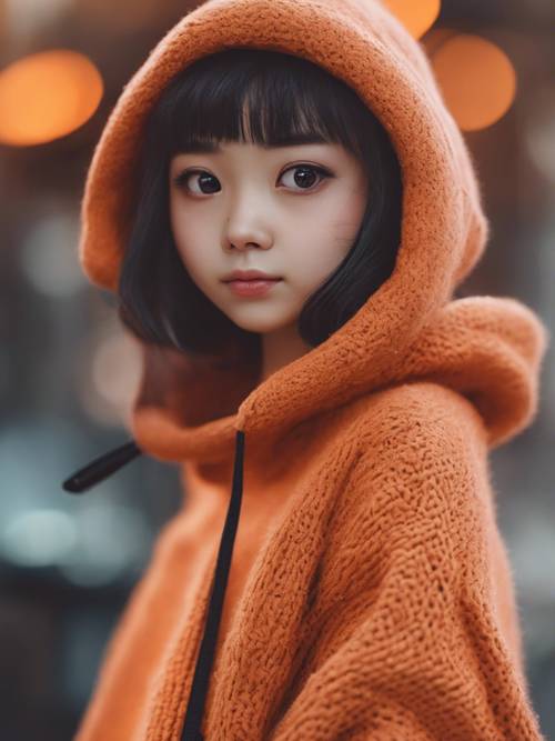 Một nhân vật dễ thương, dễ thương mặc chiếc áo len oversized màu cam.
