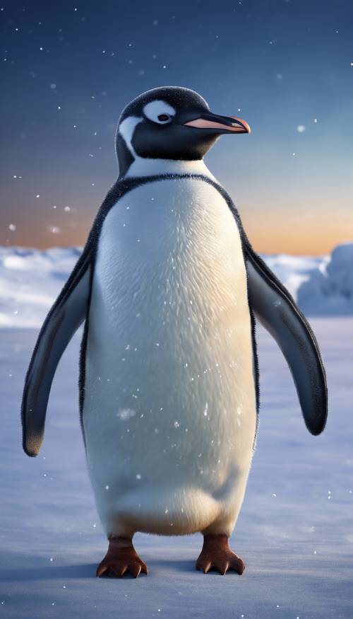 Ilustrasi seekor penguin bahagia dengan senyum lebar dan berseri-seri berdiri di lanskap Antartika bersalju di bawah langit senja biru tua.