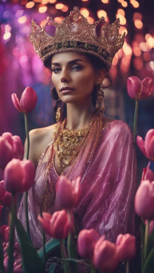 Una hermosa mujer mística que lleva una corona hecha de tulipanes de neón.