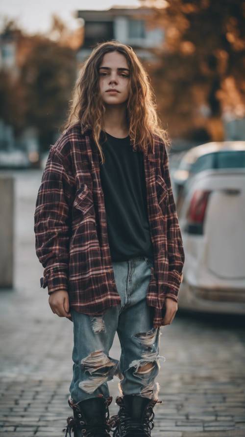 Uma adolescente vestindo flanela larga, jeans rasgados e botas de combate, personificando o estilo grunge dos anos 90.