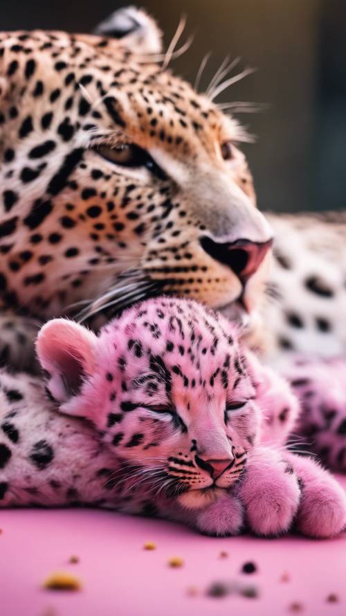 Um bebê leopardo rosa dormindo pacificamente ao lado de sua vibrante mãe com pintas rosadas.