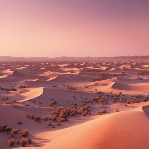 Uma vista aérea de um deserto ao amanhecer, banhado por uma suave luz rosa e laranja.