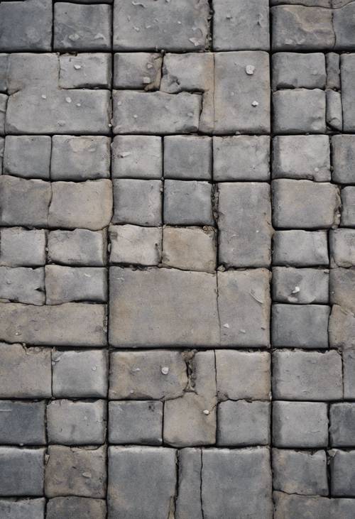 Close up of rough and worn out gray concrete street tiles showcasing their texture.