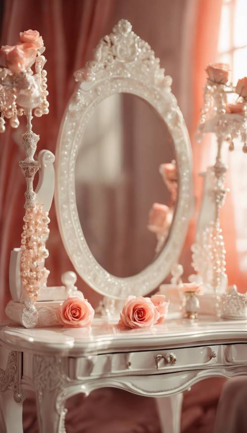 Una toeletta in stile principessa ornata di rose e perle in una stanza color corallo che riflette il sole pomeridiano.