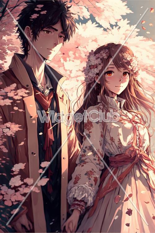 Cena de romance em flor de cerejeira