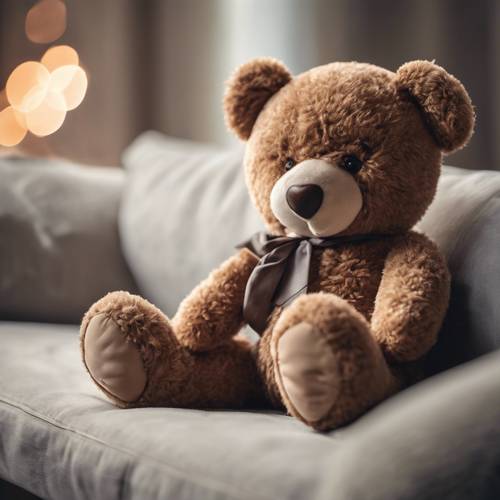 Boneka beruang lembut memegang bantal berwarna coklat berbentuk hati.