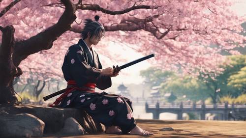 애니메이션 사무라이가 벚꽃나무 아래 조용히 앉아 검을 닦고 있습니다.