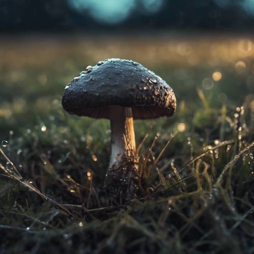 一朵迷人的深色蘑菇在满月下沾满露水的草地上显得格外引人注目。