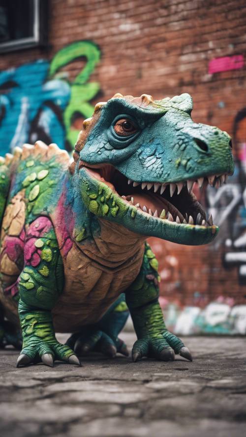 Un dinosauro alla moda, appoggiato con noncuranza a un muro di mattoni ricoperto di graffiti.