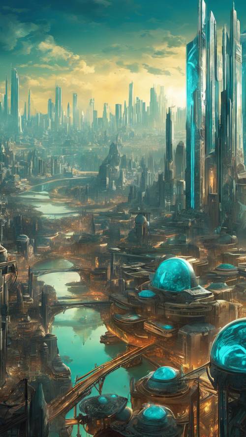 Um ponto de vista cativante de uma cidade futurista com iluminação turquesa que serve de cenário para um intrincado jogo de ação e aventura.